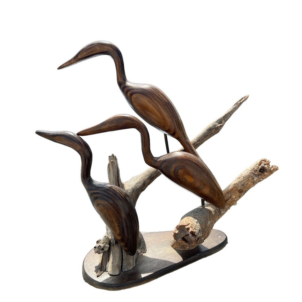 Vtg Wood Polished Carved 3 Heron Birds‎ Sculptures On Driftwood MCM Artist Mark